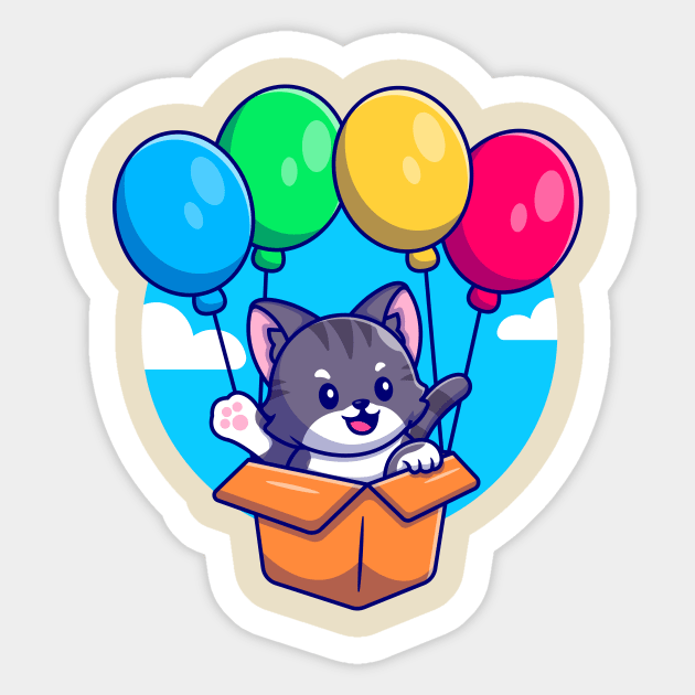 Cute Cat Flying With Cardboard Box And Balloon Cartoon Sticker by Catalyst Labs